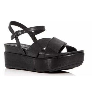 Eileen Fisher Juno Black Leather Platform Sandals 9.5 Ankle Straps Minimalist